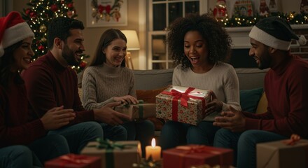Group of friends exchanging christmas gifts with a tree and warm lighting in the background indoors