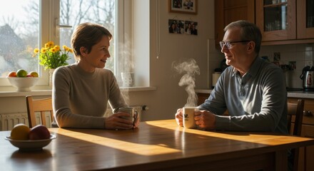 Couple sitting at table drinking hot beverages in sunlit kitchen having a conversation together now