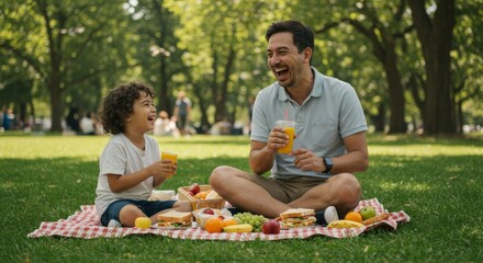 Father and son laughing together while enjoying a picnic in a park on a sunny day outdoors