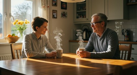 A woman and a man sitting at a table with steaming mugs in a sunlit kitchen having a conversation