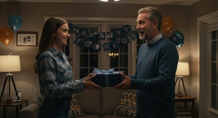 Father and daughter exchanging a wrapped gift in a decorated living room with balloons and a banner