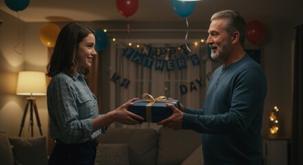 A young woman giving a wrapped birthday present to a smiling older man in a decorated living room