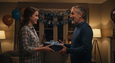 A young woman giving a wrapped gift to an older man in a decorated room with balloons and a banner