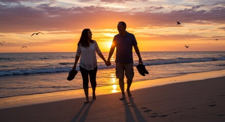 Couple walking barefoot on a beach holding hands at sunset with birds flying over the ocean water
