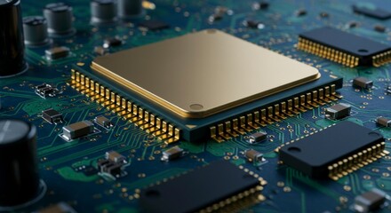 Close-up of a central processing unit (CPU) on a circuit board, showcasing intricate details and gold connectors