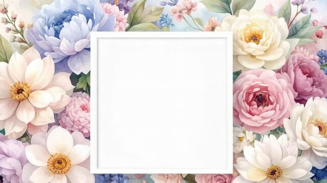 Watercolor flower frame background with square white border for text or image insertion and peonies, roses, and other blooms