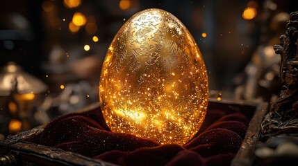 Golden Glittering Egg Displayed on Red Cushion Inside An Ornate Box with Warm Bokeh Light