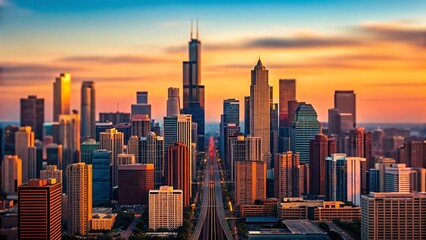 Fototapeta premium Vibrant chicago skyline at sunset with dramatic orange and blue sky