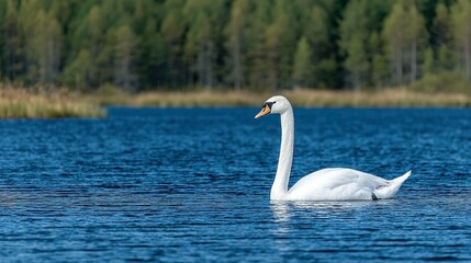 Fototapeta premium A white swan glides peacefully on a tranquil lake.