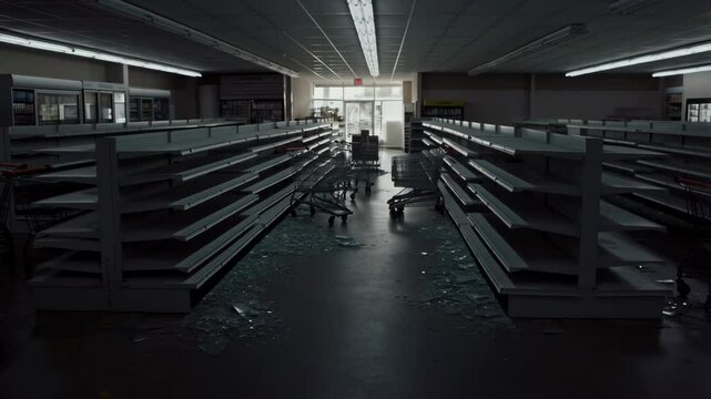 Deserted supermarket aisles with broken glass on floor