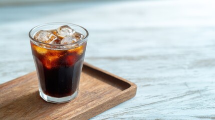 Glass of cola with ice cubes served on a wooden tray on a light wooden surface.