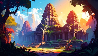 Ancient Temple at Sunrise in Lush Jungle