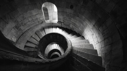 Elegant Spiral Staircase in Monochrome View Captured from Bottom Perspective