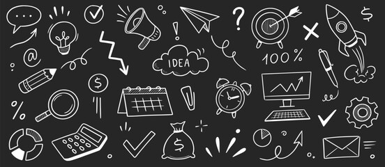 Chalk business board sketch icon set. Hand drawn chalkboard frame, bulb, puzzle and arrow for plan marketing idea. Business chart, pencil drawing, office success and internet. Vector illustration