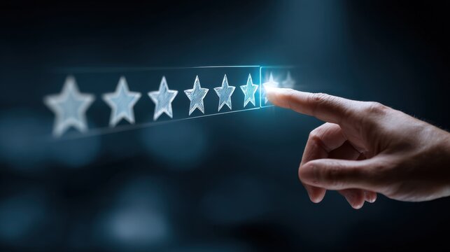 A hand selects the fifth star in a row of seven stars, symbolizing a digital rating or review system.