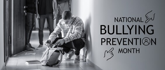 Banner for National Bullying Prevention Month with teenager boy with backpack at school