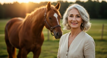 Woman and horse at sunset
