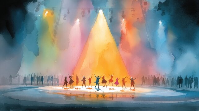 A vibrant watercolor painting of performers dancing on a brightly lit circular stage, surrounded by an enthusiastic audience in a colorful, atmospheric setting.