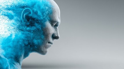 Fototapeta premium Human figure dissolving into particles, symbolizing health crisis impact amidst medical supplies backdrop