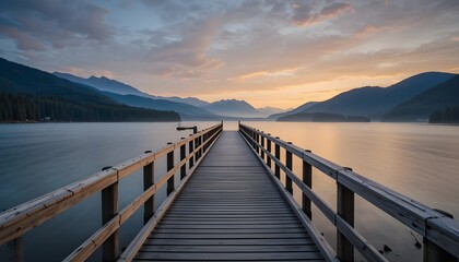 Naklejka premium Sunrise Over One Mile Lake Boardwalk – Peaceful Morning Scene in Pemberton, British Columbia