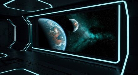 Futuristic Spaceship Interior With Planets