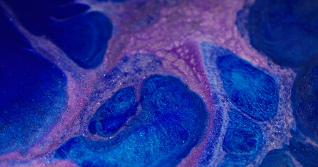 Lilac splatter. Shimmer texture. Defocused purple blue color ink sparkling liquid glitter stream...