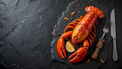 Gourmet Seafood Meal with Lobster and Cutlery