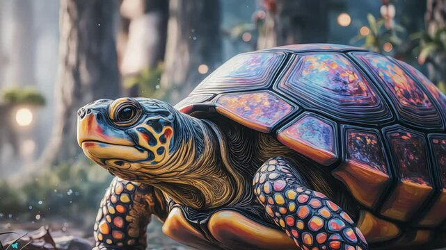 Captivating turtle portrait with a colorful shell in a lush forest