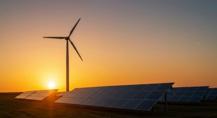 Obraz premium Sunset silhouettes of wind turbine and solar panels, representing sustainable energy generation