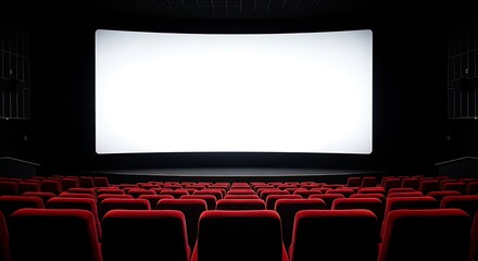 Obraz premium Empty cinema with red seats and a blank white screen ready for presentation