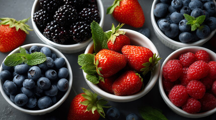 Top view of assorted fresh berries in white bowls, including blackberries, blueberries, raspberries, and strawberries, showcasing a colorful and healthy selection of fruits, food collection