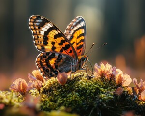 Obraz premium A butterfly, wings spread, rests on moss and small flowers bathed in sunlight. Soft focus on the background