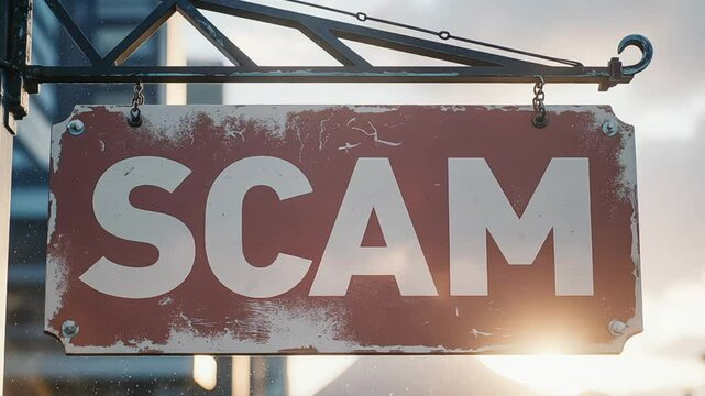 Hanging sign displaying the word scam against a blurred background
