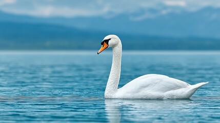 Obraz premium A serene white swan glides gracefully on the water.