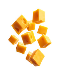 Cubes of yellow cheese floating isolated on a transparent background