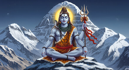 Fototapeta premium A serene depiction of Lord Shiva meditating atop a snowy mountain.