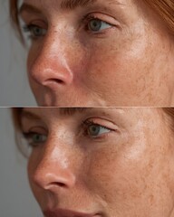 Fototapeta premium before-after redness around nose vs even-toned skin, White woman,