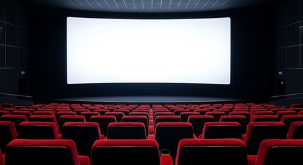Interior view of a large cinema hall with a blank screen and red seats