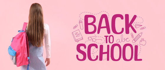 Little girl with schoolbag on pink background, back view