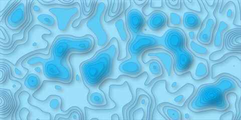 3D Stylized bule Topographic Contour Scheme and Terrain. Geographic mountain terrain.  realistic papercut decoration textured with wavy layers. 3d topography relief. Vector topographic illustration