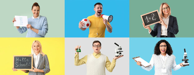 Collage of different teachers on color background