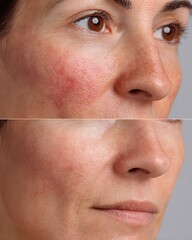 Obraz premium before-after red inflamed skin vs calm smooth complexion, facial redness, sensitive skin