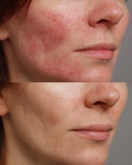 before-after red inflamed skin vs calm smooth complexion, facial redness, sensitive skin