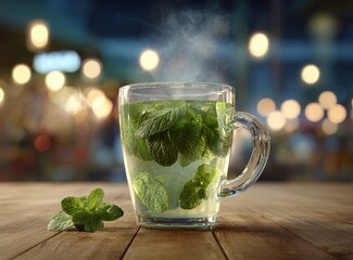 Glass mug of hot herbal tea with fresh mint leaves on a wooden table, nighttime caf? background