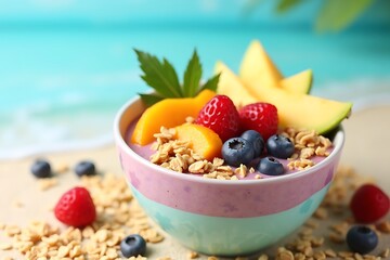 A vibrant smoothie bowl topped with granola and tropical fruits, styled on a bright beach-inspired background