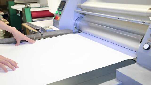 An industrial laminator works by laminating, applying a transparent film to paper in the production room of a printing house