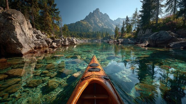 A kayak glides through crystal-clear water surrounded by rocky shores and pine trees with jagged mountains in the background under a clear blue sky. - Powered by Adobe