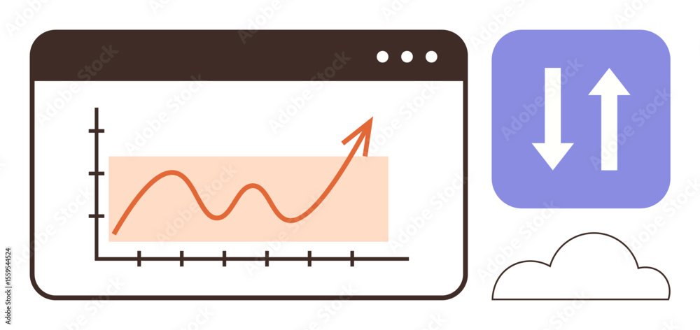 Poster data graph showing upward trend within a browser window. adjacent cloud symbol with arrows indicates