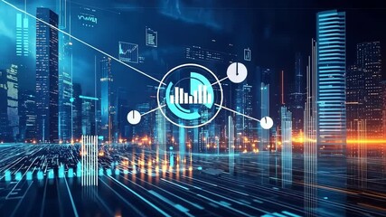 Digital data flows through a futuristic cityscape at night, visualizing the concept of smart city technology, internet of things, and urban innovation - Powered by Adobe