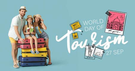 Happy family with luggage on blue background. Banner for World Tourism Day